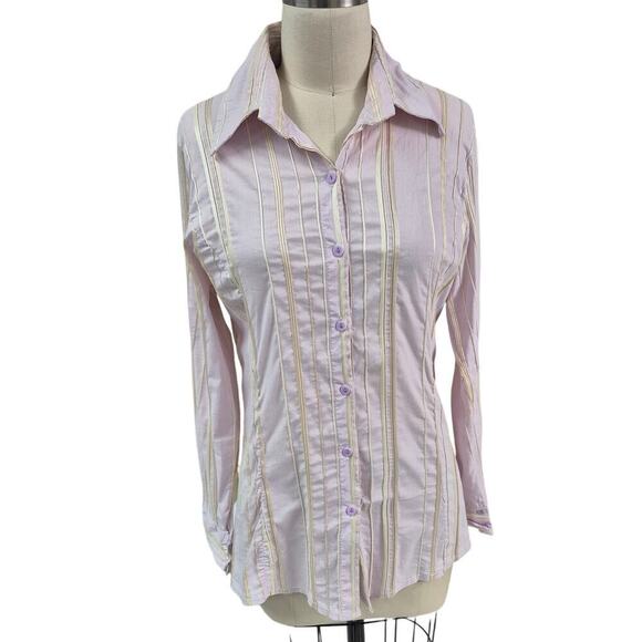 Gucci Lavender Stretch Button Up Blouse 3D White Satin Stripe XS - Picture 1 of 4